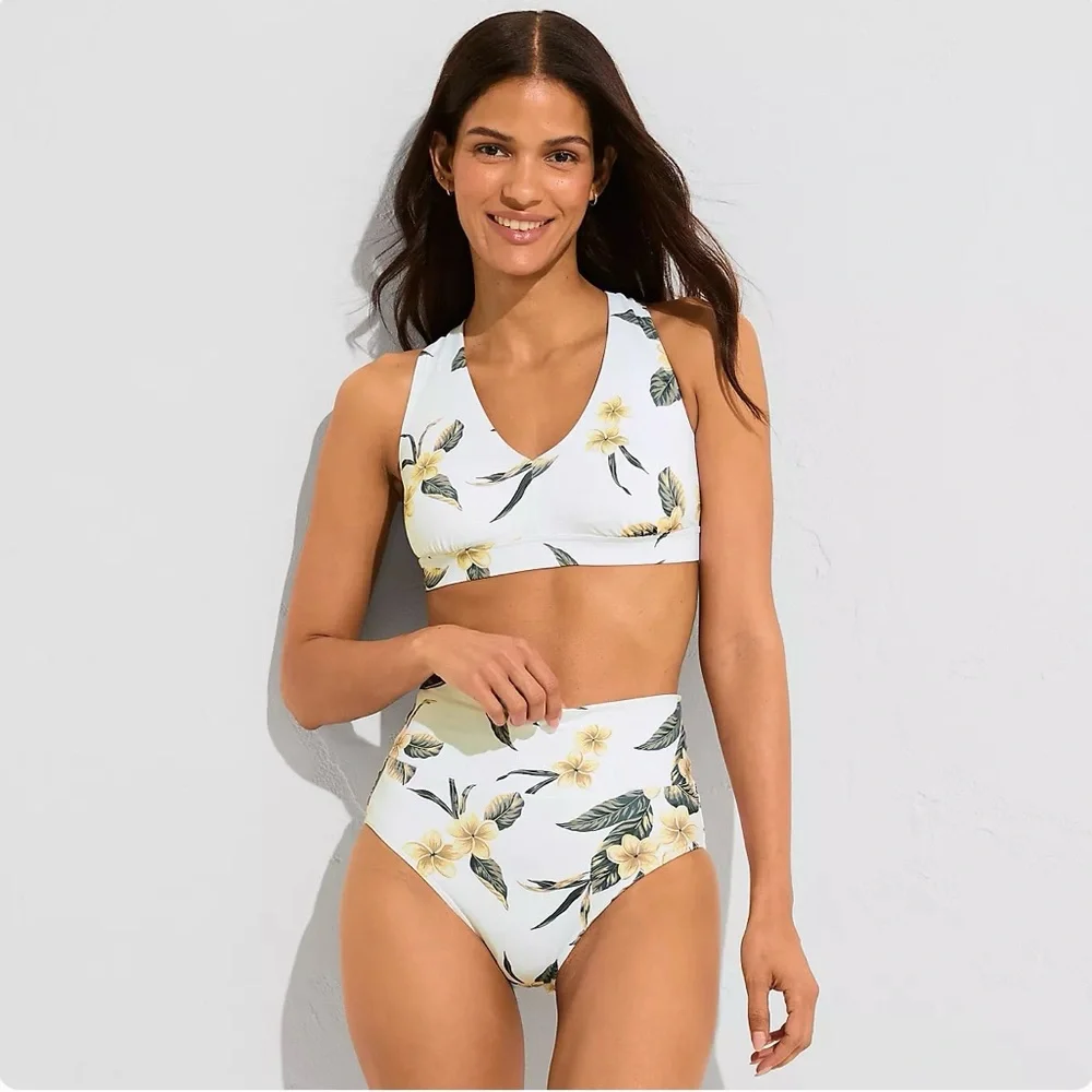 Lands end V-Neck Bikini Top Floral Black - Picture 1 of 4
